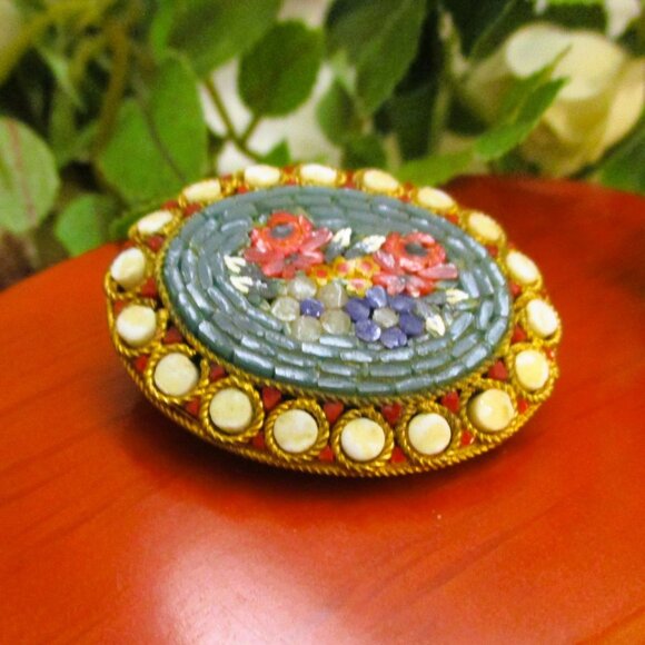 VINTAGE Italian Micromosaic Brooch: Floral Tesserae Tile Micro Mosaic Pin - Picture 11 of 14